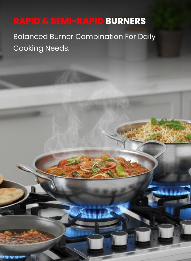 أوجيرا موقد غاز مدمج بـ 5 شعلات مع سطح زجاج مقوّى | شعلة ثلاثية الحلقة عالية القدرة، شعلات سريعة وشبه سريعة | لهب أزرق قوي | استهلاك غاز منخفض وانبعاثات كربونية أقل | متوافق مع غاز LPG | مقابض معدنية يدوية | ضمان سنتين 5 شعلات في 1 - Image 4