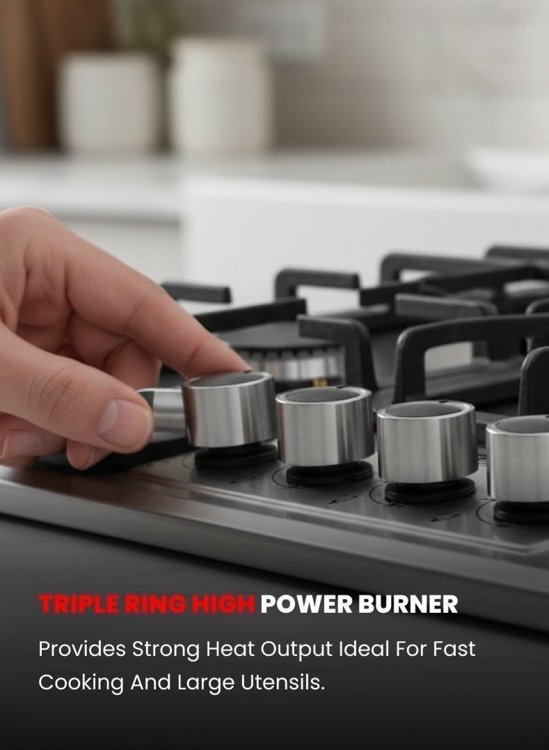 أوجيرا موقد غاز مدمج بـ 5 شعلات مع سطح من الستانلس ستيل – OG3020GC | شعلة ثلاثية عالية القدرة، وشعلات سريعة ونصف سريعة | لهب أزرق قوي | استهلاك منخفض للغاز وانبعاثات كربونية أقل | متوافق مع غاز LPG | مقابض معدنية يدوية | ضمان لمدة سنتين - Image 5