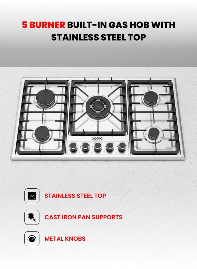 أوجيرا موقد غاز مدمج بـ 5 شعلات مع سطح من الستانلس ستيل – OG3020GC | شعلة ثلاثية عالية القدرة، وشعلات سريعة ونصف سريعة | لهب أزرق قوي | استهلاك منخفض للغاز وانبعاثات كربونية أقل | متوافق مع غاز LPG | مقابض معدنية يدوية | ضمان لمدة سنتين - Image 1