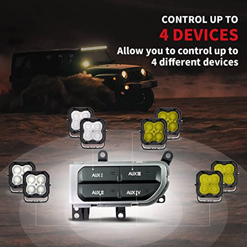 LASFIT Auxiliary Switch Bank Kit, OEM Style Plug&Play Aux Switch Panel Dash 4 Buttons with Left Storage Bin 4x30A for Wrangler JL 2018-2025 & Gladiator JT 2019-2025, Black - Image 4