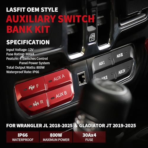 LASFIT Auxiliary Switch Bank Kit, OEM Style Plug&Play Aux Switch Panel Dash 4 Buttons with Left Storage Bin 4x30A for Wrangler JL 2018-2025 & Gladiator JT 2019-2025, Black - Image 3