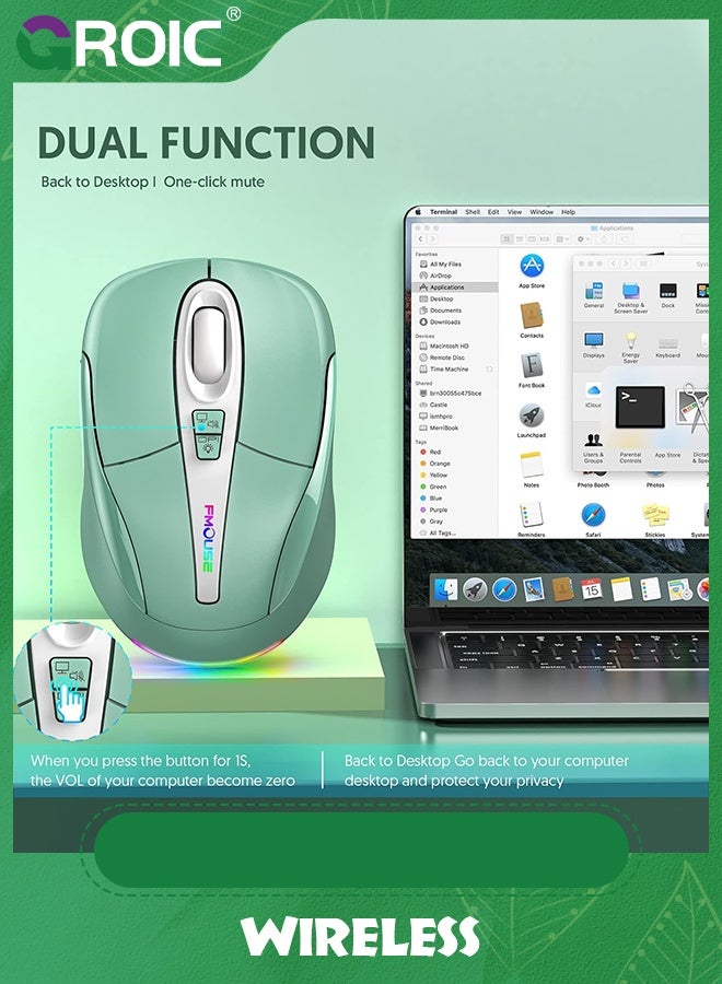 جرويك ماوس كمبيوتر أخضر لاسلكي، صامت مع أضواء RGB، وضع مزدوج 2.4 جيجا هرتز لاسلكي وبلوتوث 5.1 2400 نقطة في البوصة، USB-C قابل لإعادة الشحن، صغير الحجم للكمبيوتر الشخصي والكمبيوتر المحمول وسطح المكتب - Image 3