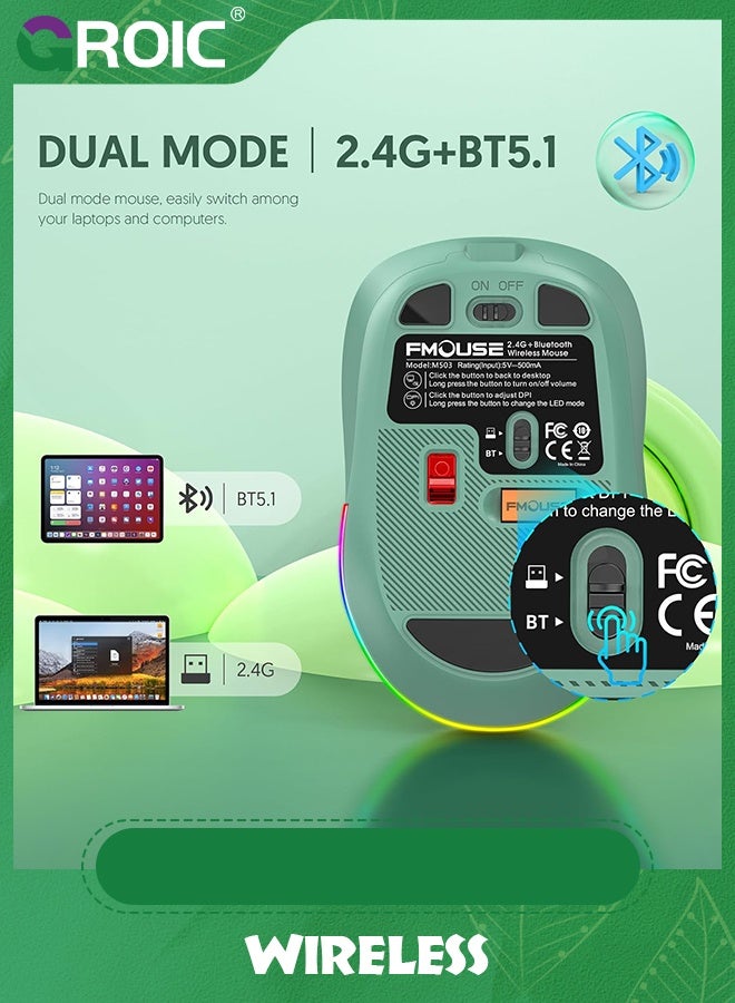 جرويك ماوس كمبيوتر أخضر لاسلكي، صامت مع أضواء RGB، وضع مزدوج 2.4 جيجا هرتز لاسلكي وبلوتوث 5.1 2400 نقطة في البوصة، USB-C قابل لإعادة الشحن، صغير الحجم للكمبيوتر الشخصي والكمبيوتر المحمول وسطح المكتب - Image 2