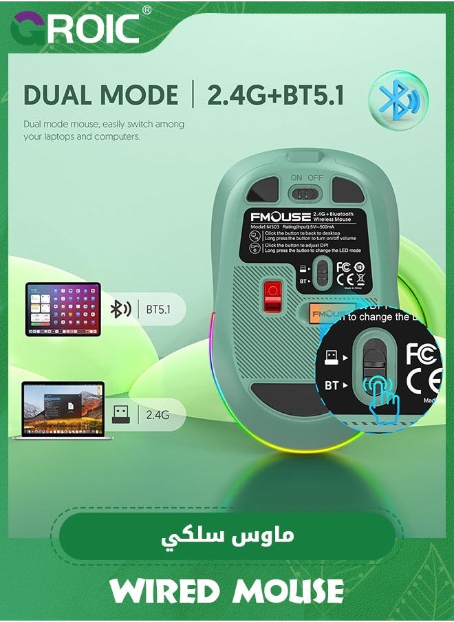 GROIC Green Computer Mouse Wireless, Silent with RGB Lights Dual Mode 2.4G Wireless & Bluetooth 5.1 2400 DPI USB-C Rechargeable, Compact for PC Laptop Desktop  - Image 2