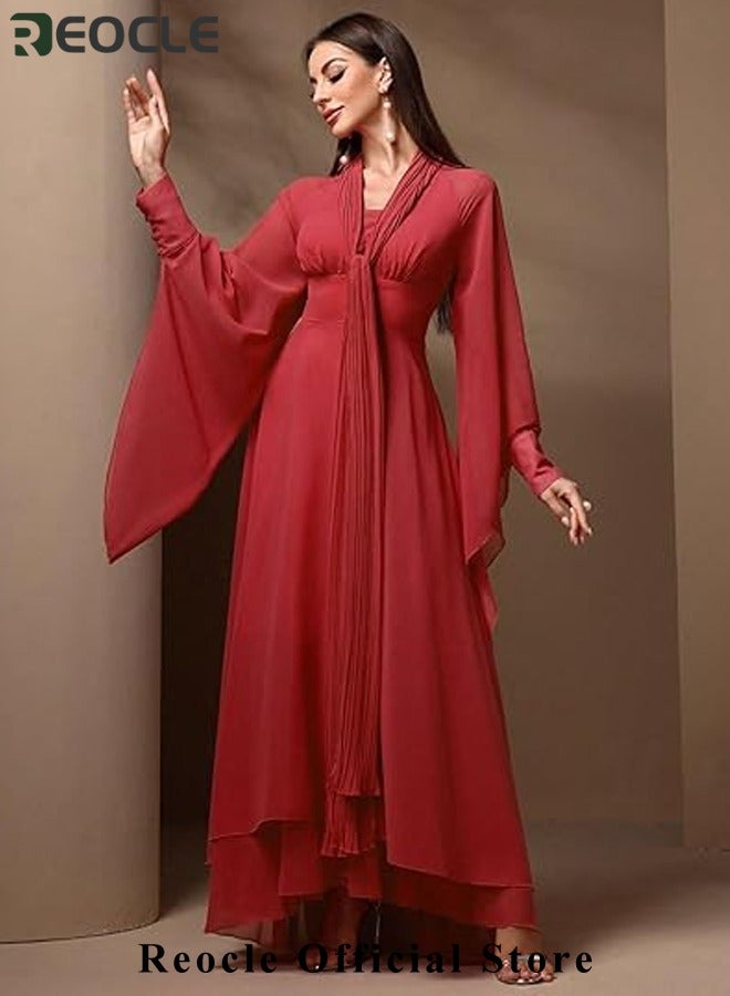 REOCLE Women's Tulle Ball Gown Fashion Loose V-neck Long Sleeve Dress Flowy Tiered Midi Dresses Formal Evening Gowns  - Image 2