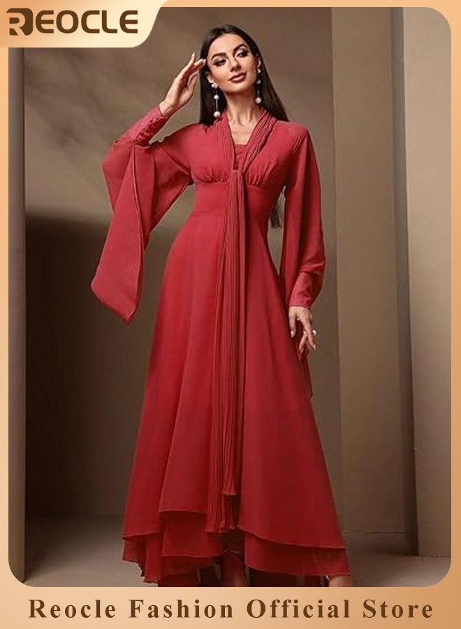 REOCLE Women's Tulle Ball Gown Fashion Loose V-neck Long Sleeve Dress Flowy Tiered Midi Dresses Formal Evening Gowns  - Image 1