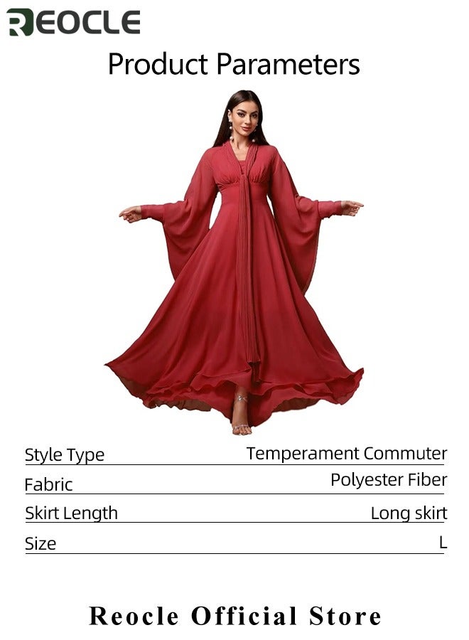 REOCLE Women's Tulle Ball Gown Fashion Loose V-neck Long Sleeve Dress Flowy Tiered Midi Dresses Formal Evening Gowns  - Image 5