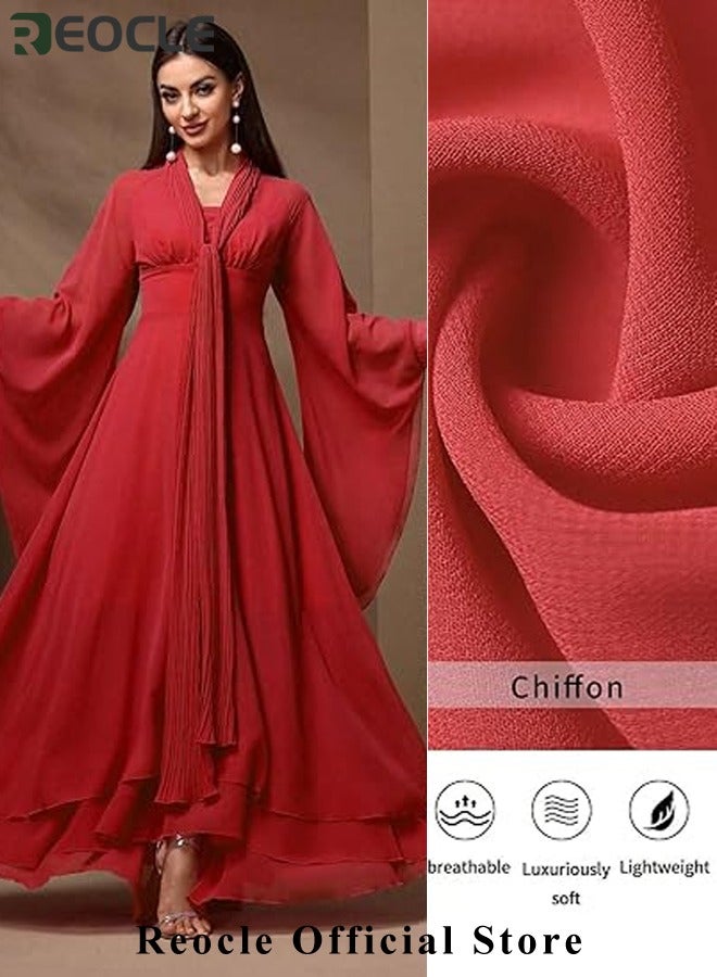 REOCLE Women's Tulle Ball Gown Fashion Loose V-neck Long Sleeve Dress Flowy Tiered Midi Dresses Formal Evening Gowns  - Image 4