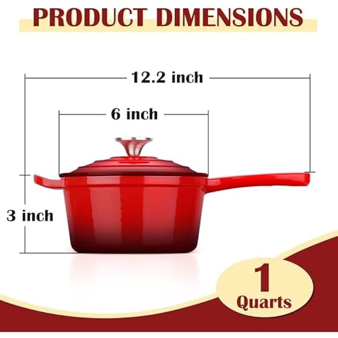 إي-فار مقلاة صلصة من الحديد الزهر المطلي بالمينا مع غطاء، سعة 1 كوارت، مقلاة صلصة صغيرة للطهي والغليان، صحية وغير سامة، آمنة للاستخدام في الفرن الحثي، لون أحمر - Image 3