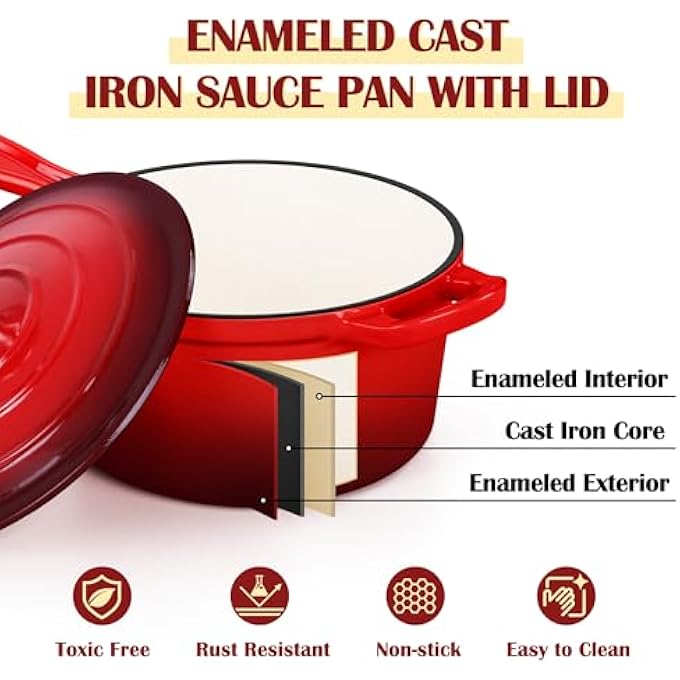 إي-فار مقلاة صلصة من الحديد الزهر المطلي بالمينا مع غطاء، سعة 1 كوارت، مقلاة صلصة صغيرة للطهي والغليان، صحية وغير سامة، آمنة للاستخدام في الفرن الحثي، لون أحمر - Image 4
