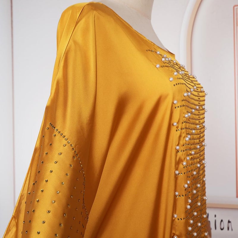 HD African Dress for Women Beading Rhinestone Gold Kaftan Maxi Dress One Size Fit All - Image 2