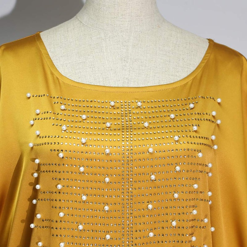 HD African Dress for Women Beading Rhinestone Gold Kaftan Maxi Dress One Size Fit All - Image 3