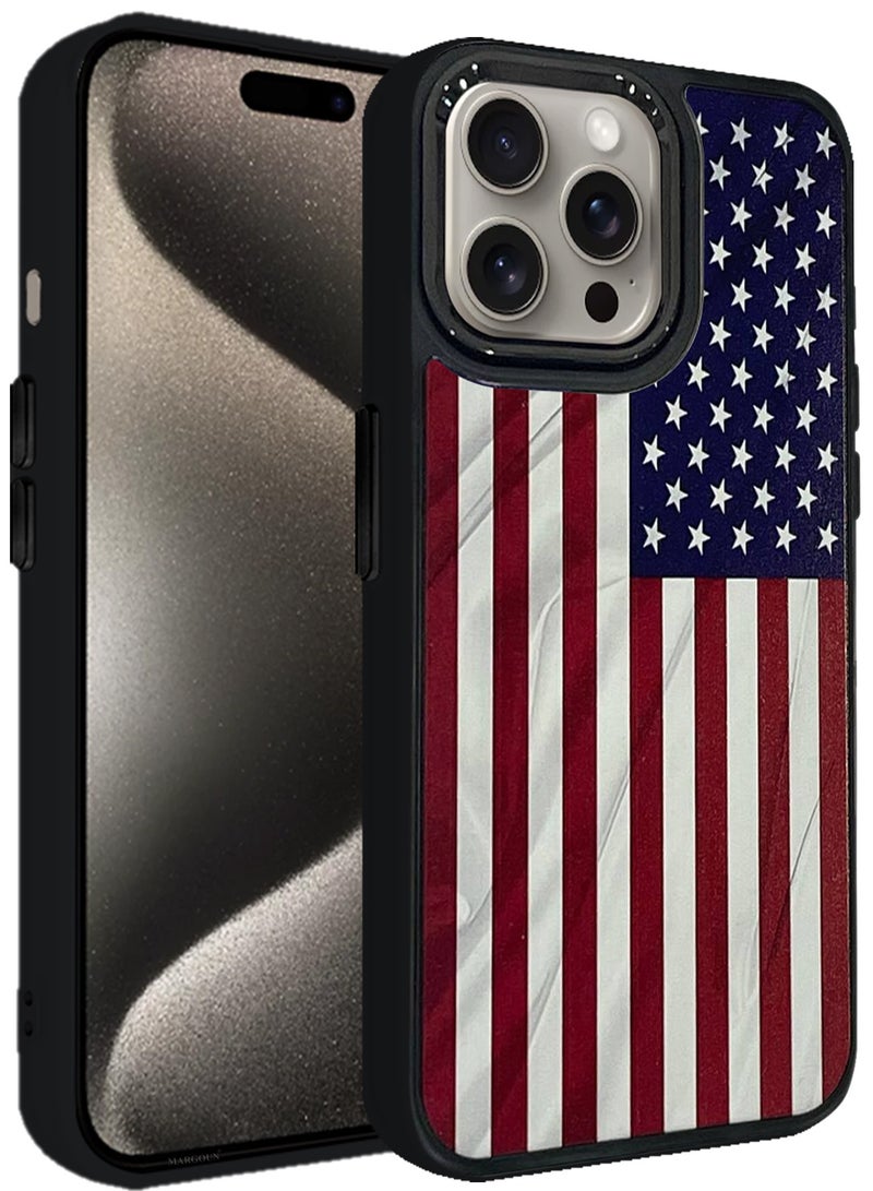 For iPhone 15 Pro Max Case Hard PC Protective Cover – Slim Shockproof Back Cover with Raised edges Camera Protection - American Flag Black - Image 1