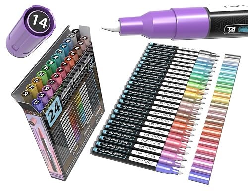 TOOLI-ART 24 Metallic Acrylic Paint Markers Paint Pens Set 0.7mm Extra Fine Tip For Rock Painting, Glass, Mugs, Wood, Metal, Canvas, DIY Projects, Outlining, Detailing. Non Toxic, Waterbased, Quick Drying - Image 1