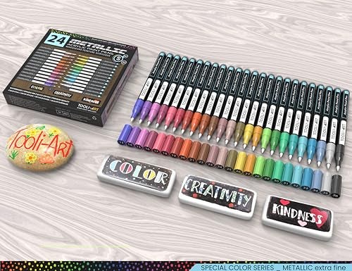 TOOLI-ART 24 Metallic Acrylic Paint Markers Paint Pens Set 0.7mm Extra Fine Tip For Rock Painting, Glass, Mugs, Wood, Metal, Canvas, DIY Projects, Outlining, Detailing. Non Toxic, Waterbased, Quick Drying - Image 2