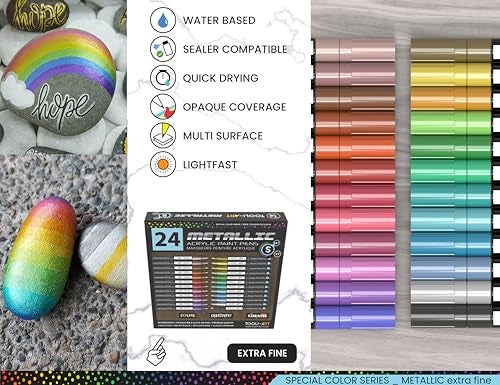 TOOLI-ART 24 Metallic Acrylic Paint Markers Paint Pens Set 0.7mm Extra Fine Tip For Rock Painting, Glass, Mugs, Wood, Metal, Canvas, DIY Projects, Outlining, Detailing. Non Toxic, Waterbased, Quick Drying - Image 5