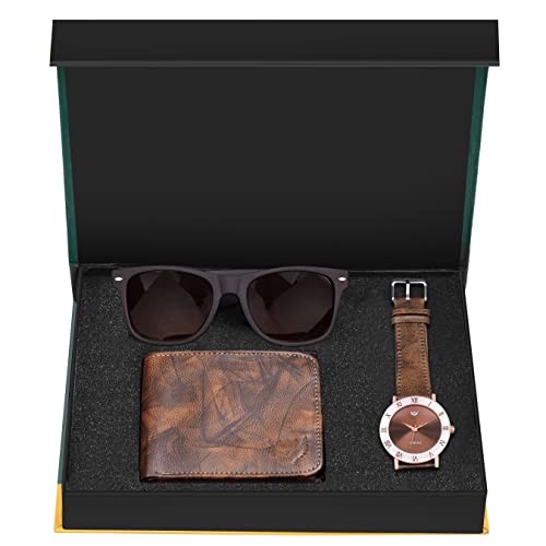 LORENZ Gift Set Combo Of Brown Analog Watch Sunglasses & Wallet For Men | Cm-3092Sn13-Wl-56, Round, Mirrored - Image 1