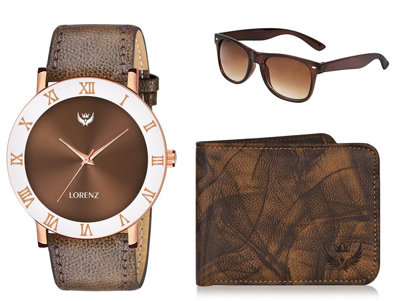 LORENZ Gift Set Combo Of Brown Analog Watch Sunglasses & Wallet For Men | Cm-3092Sn13-Wl-56, Round, Mirrored - Image 2