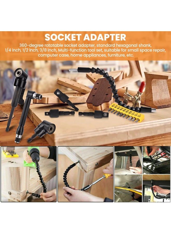Tookie 17Pcs Flexible Drill Bit Extension, with 3pcs Rotatable Socket Adapter, 2Pcs Hex Shank 105° Right Angle Drill Attachment, 10pcs Short Screwdriver Bit, 90° Angled Bits and Bendable Drill Bit Extension - Image 4