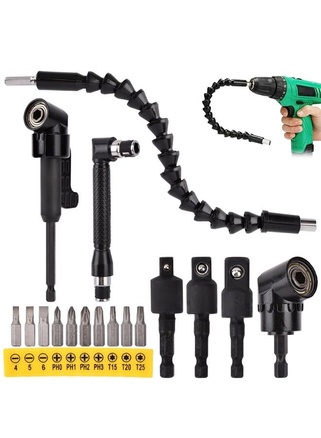 Tookie 17Pcs Flexible Drill Bit Extension, with 3pcs Rotatable Socket Adapter, 2Pcs Hex Shank 105° Right Angle Drill Attachment, 10pcs Short Screwdriver Bit, 90° Angled Bits and Bendable Drill Bit Extension - Image 1