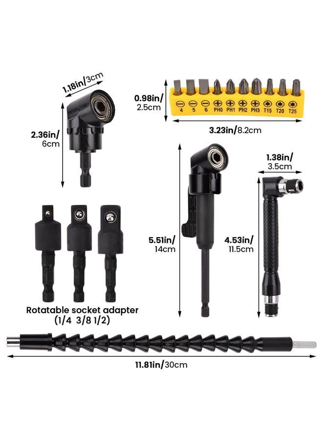 Tookie 17Pcs Flexible Drill Bit Extension, with 3pcs Rotatable Socket Adapter, 2Pcs Hex Shank 105° Right Angle Drill Attachment, 10pcs Short Screwdriver Bit, 90° Angled Bits and Bendable Drill Bit Extension - Image 3