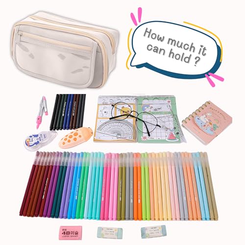 FINEMOE Large Capacity 9-Layer Canvas Pencil Pouch for Girls & Boys, Multipurpose Aesthetic Pouch for Stationery Items, Makeup, Accessories, College Essentials for Students, Gift for Kids (White) - Image 5