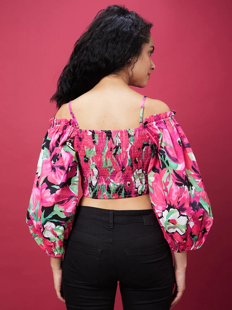 globus Women Pink Floral Printed Sweetheart Neck Smocked Detailed Pure Cotton Crop Top