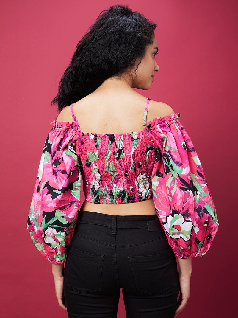 globus Globus Women Pink Floral Printed Sweetheart Neck Smocked Detailed Pure Cotton Crop Top  - Image 3