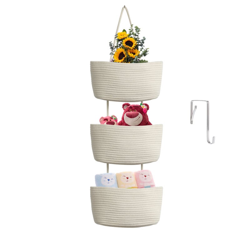 TeoKJ Over the Door Hanging Baskets 3Tier Woven Cotton Storage Organizer Bag with Hooks WallMounted Decorative Nursery Kitchen Baskets  White