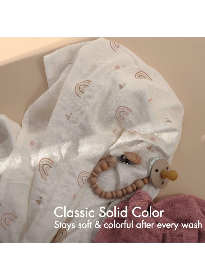 Papablic Muslin Swaddle Blankets, 3-Pack Soft Silky Swaddle Blankets for Boys and Girls, Bamboo & Cotton Receiving Blanket with 1 Hair Bows, Solid Color/Rainbows, Large 47 x 47 inches - Image 4
