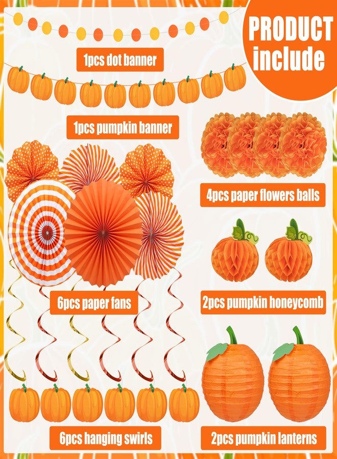 Maniaacer 22Pcs Fall Pumpkin Party Decoration Orange Paper Fans Hanging Pompom Flowers Autumn Color Paper Lanterns Hanging Swirls Honeycomb Decoration Set for Wedding Birthday Baby Shower Party Supplies - Image 2