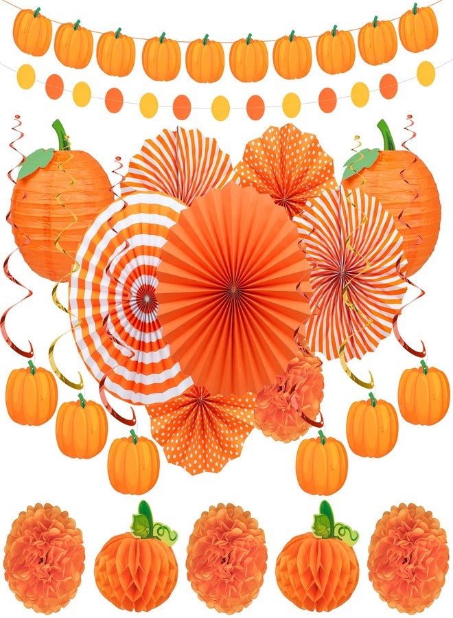 Maniaacer 22Pcs Fall Pumpkin Party Decoration Orange Paper Fans Hanging Pompom Flowers Autumn Color Paper Lanterns Hanging Swirls Honeycomb Decoration Set for Wedding Birthday Baby Shower Party Supplies - Image 1