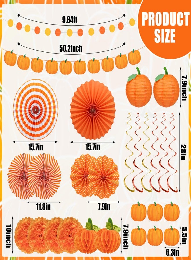 Maniaacer 22Pcs Fall Pumpkin Party Decoration Orange Paper Fans Hanging Pompom Flowers Autumn Color Paper Lanterns Hanging Swirls Honeycomb Decoration Set for Wedding Birthday Baby Shower Party Supplies - Image 3