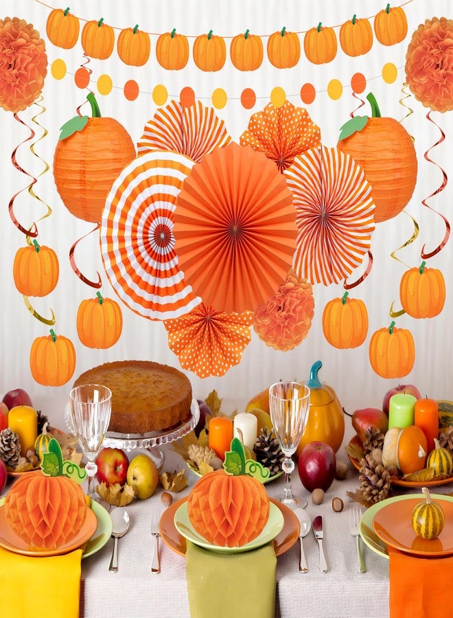 Maniaacer 22Pcs Fall Pumpkin Party Decoration Orange Paper Fans Hanging Pompom Flowers Autumn Color Paper Lanterns Hanging Swirls Honeycomb Decoration Set for Wedding Birthday Baby Shower Party Supplies - Image 5