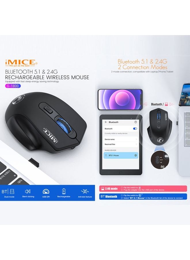 BURAQ iMICE G-1800 Rechargeable 4 Buttons 1600 DPI 2.4GHz & Bluetooth Silent Wireless Mouse for Computer PC Laptop (Black)  - Image 3