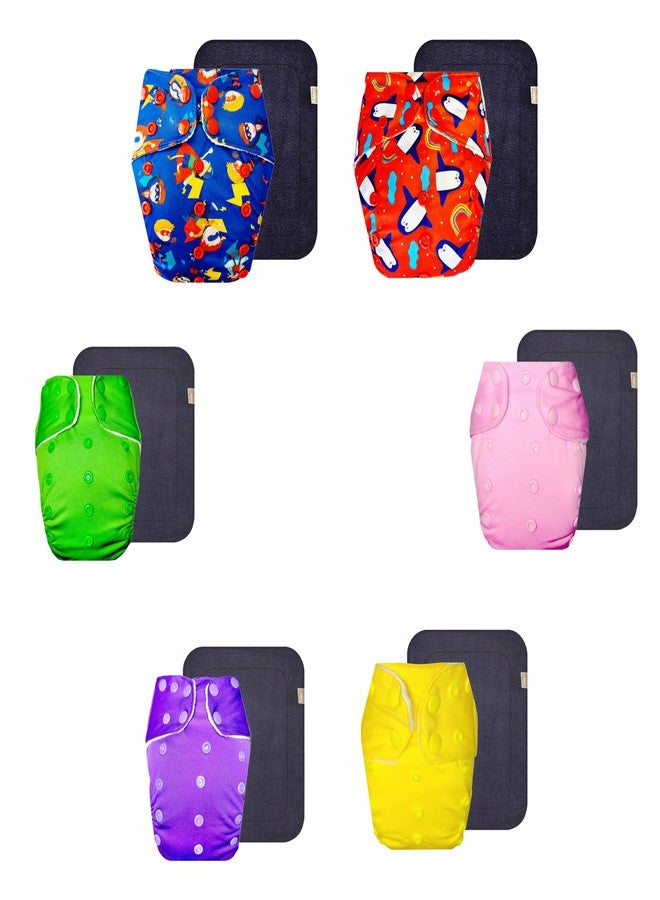 حفاضات قماشية فاخرة من دمبلدو مع حشوة سوداء (عبوة من 6 قطع) | ناعمة ولطيفة | قابلة لإعادة الاستخدام والغسل | أزرار كبس قابلة للتعديل | مثالية لفصل الصيف الهندي | من 3 أشهر إلى 3 سنوات | مناسبة للجنسين - Image 1