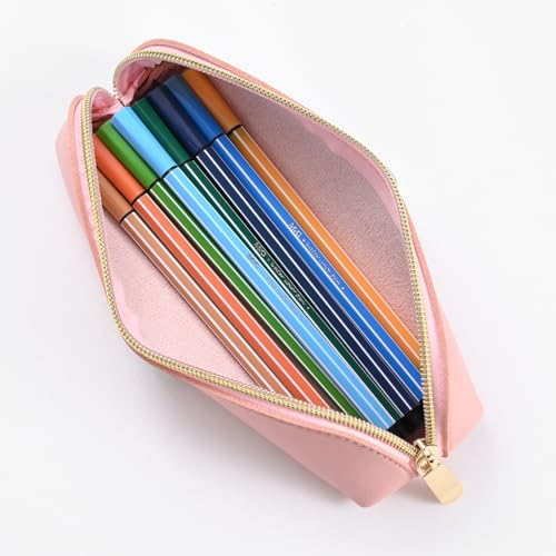 AROPANA Vegan Leather Pencil Case & Organizer | Portable Premium Zipper Pouch for School, Office & Travel | Multi-Use Storage for Stationery, Cosmetics & Makeup Brushes | 21 x 5 cm, Pink - Image 4