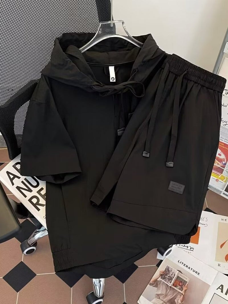 Summer Lightweight Breathable Sunscreen Hooded Short-Sleeved Shorts Two-Piece Set Men'S Fashionable Simple Solid Color Loose Casual Suit - Image 4