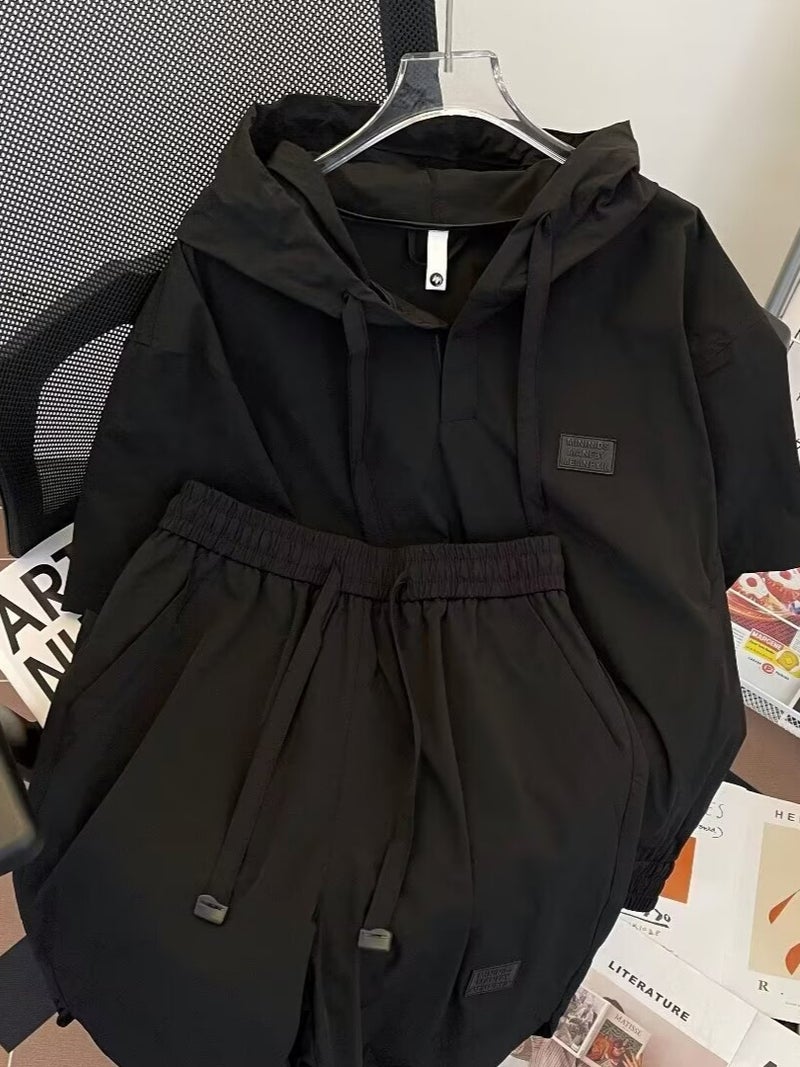 Summer Lightweight Breathable Sunscreen Hooded Short-Sleeved Shorts Two-Piece Set Men'S Fashionable Simple Solid Color Loose Casual Suit - Image 2