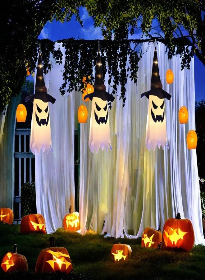 FENELY 31.5" (3Pcs) Halloween Decorations Outdoor Indoor Hanging Ghosts Witch Hat, Glowing Witch Hat Halloween Ghost Decor for Room,Yard,Garden,Tree,Eaves,Party - Image 2