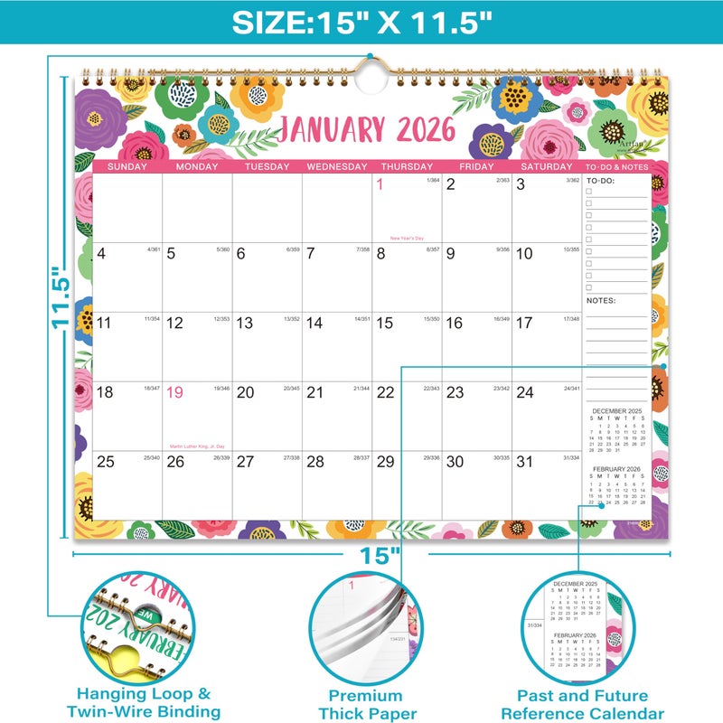 Artfan 2026 Calendar - 2026 Wall Calendar, 15" x 11.5", JAN.2026 -DEC.2026, 12 Monthly Wall Calendar 2026, Hanging Hook - Clorful Floral - Image 3
