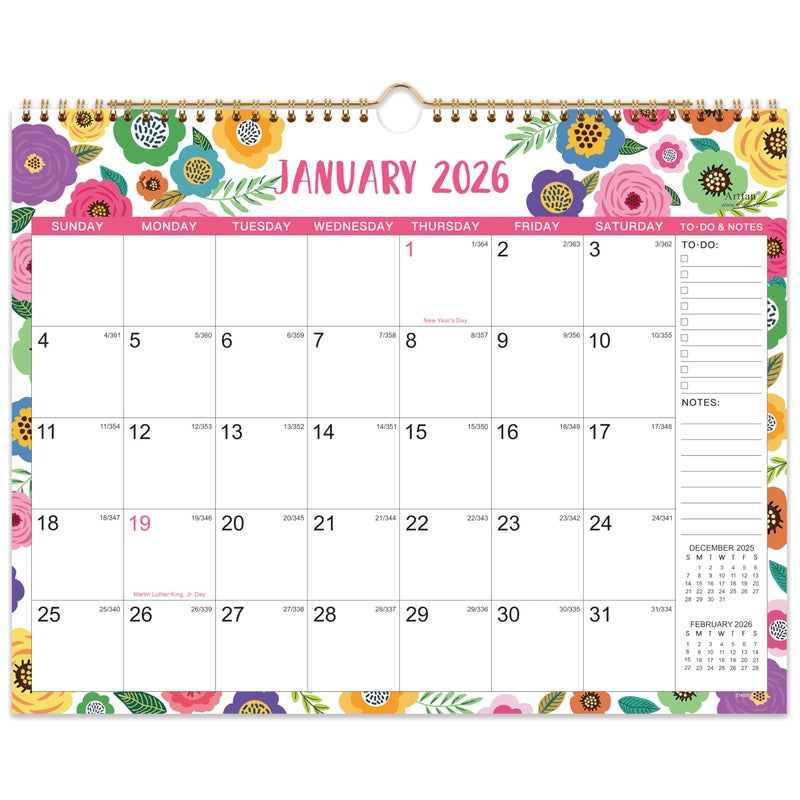 Artfan 2026 Calendar - 2026 Wall Calendar, 15" x 11.5", JAN.2026 -DEC.2026, 12 Monthly Wall Calendar 2026, Hanging Hook - Clorful Floral - Image 1