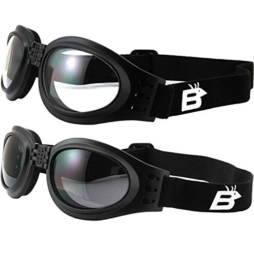 Birdz 2 Pairs of Birdz Eyewear Parrot Black Folding Padded Motorcycle Goggles Clear & Smoke Lenses for Men & Women - Image 1