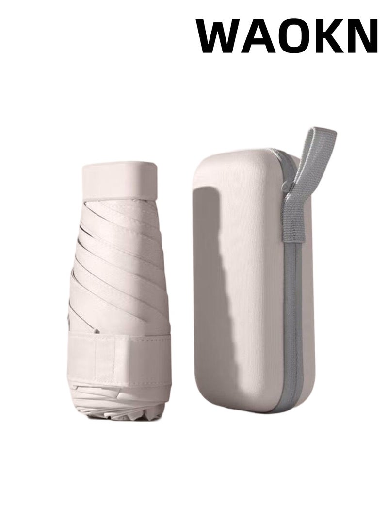 WAOKN New fashionable and simple solid color flat folding mini sun umbrella, UV resistant portable umbrella, equipped with sunshine UPF50 capsule storage box, alloy material umbrella, suitable for rainy and sunny days (beige). - Image 1