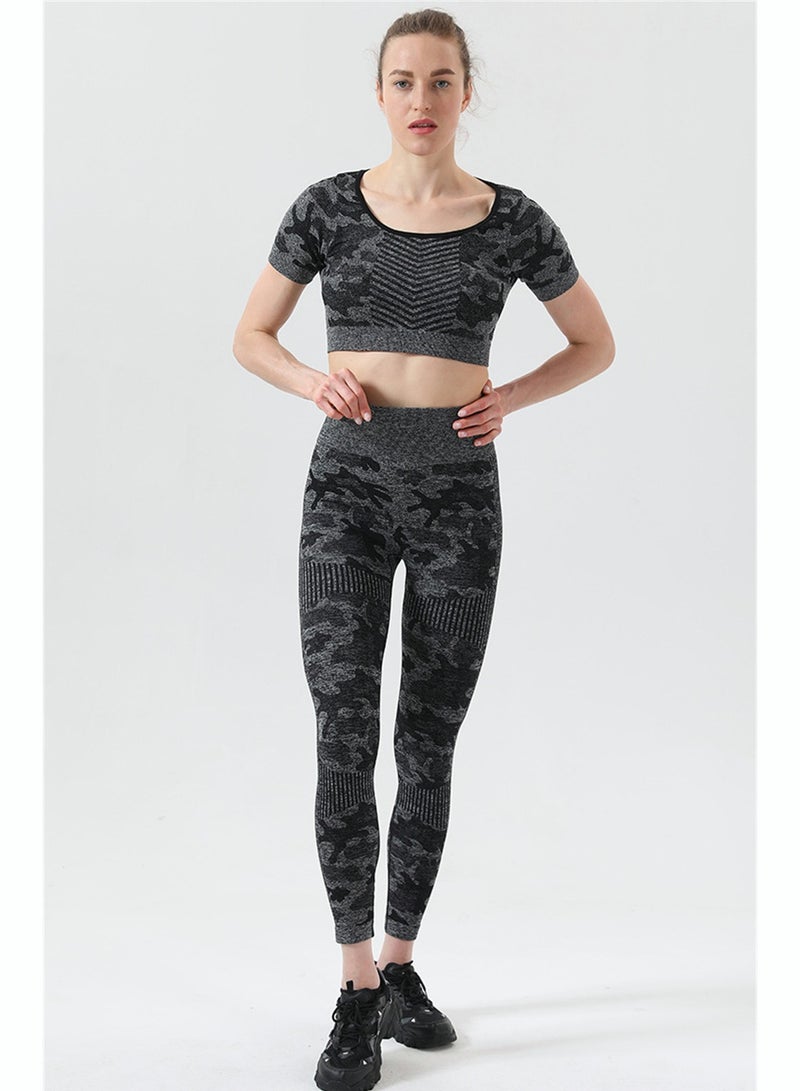 RIOXS Women's Leopard Print Seamless Yoga Activewear Sets Two Piece Tracksuit High Waist Leggings And Short Sleeve Crop Top - Image 3