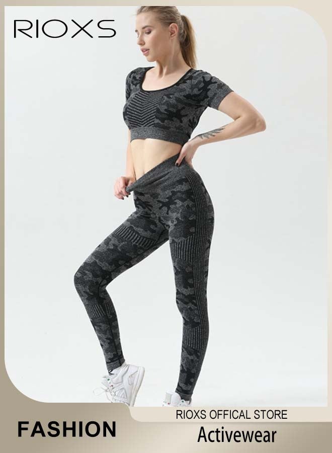 RIOXS Women's Leopard Print Seamless Yoga Activewear Sets Two Piece Tracksuit High Waist Leggings And Short Sleeve Crop Top - Image 1