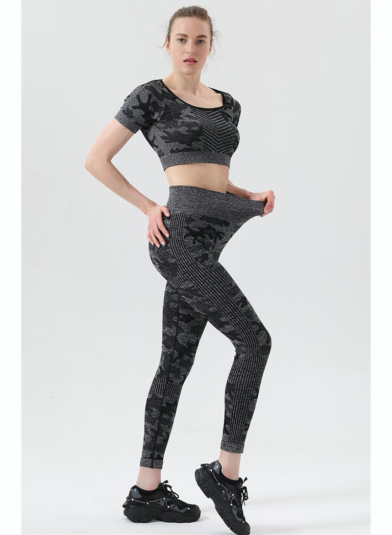 RIOXS Women's Leopard Print Seamless Yoga Activewear Sets Two Piece Tracksuit High Waist Leggings And Short Sleeve Crop Top - Image 4