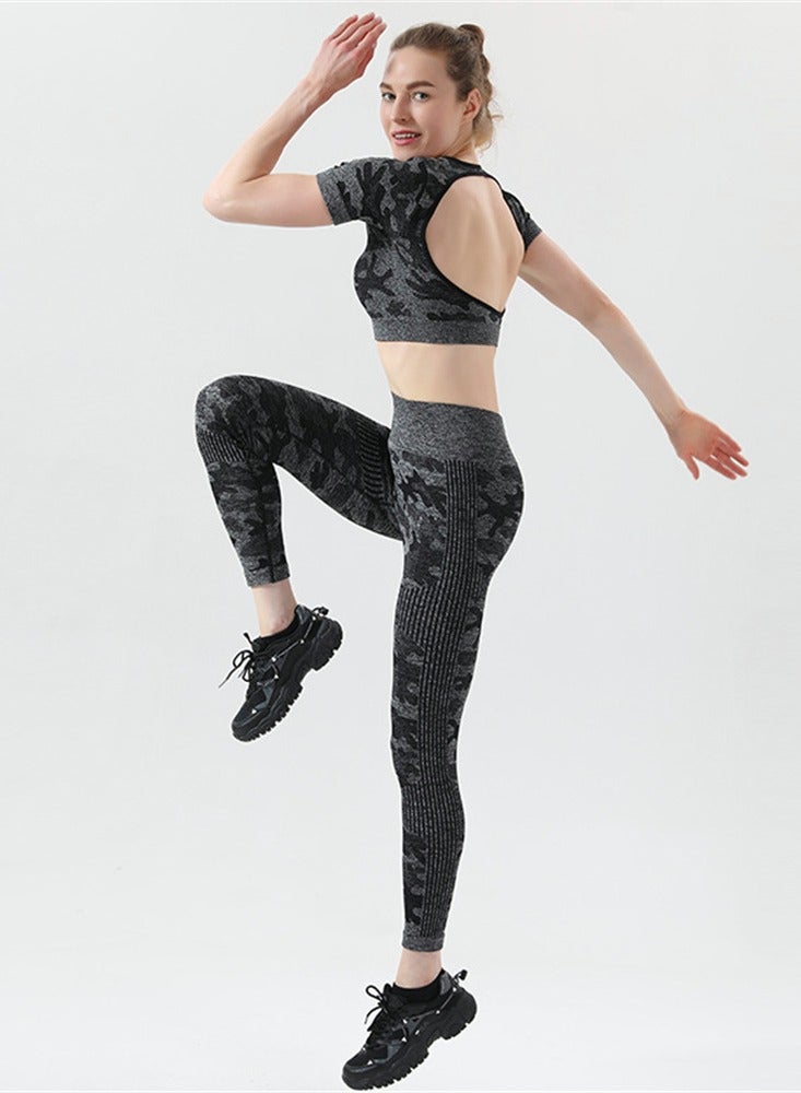 RIOXS Women's Leopard Print Seamless Yoga Activewear Sets Two Piece Tracksuit High Waist Leggings And Short Sleeve Crop Top - Image 2