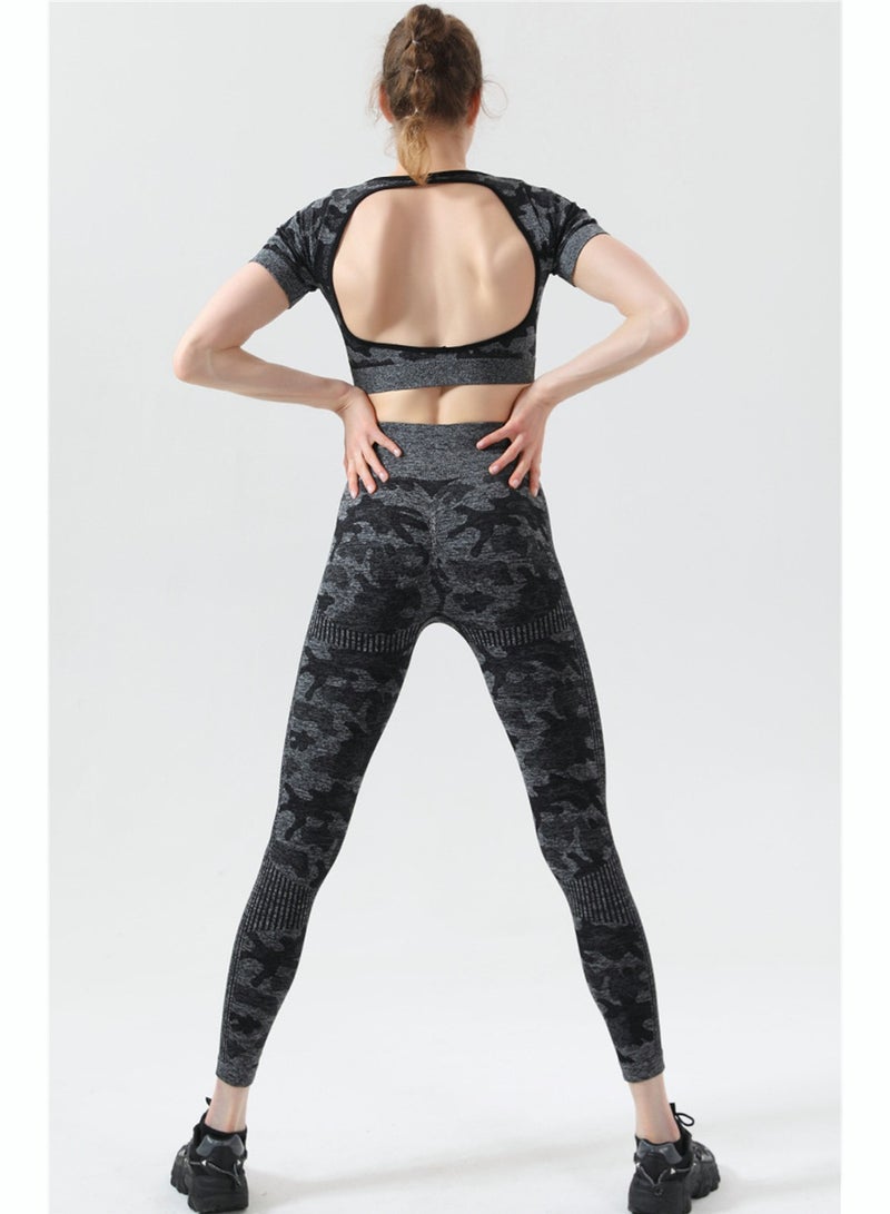RIOXS Women's Leopard Print Seamless Yoga Activewear Sets Two Piece Tracksuit High Waist Leggings And Short Sleeve Crop Top - Image 5