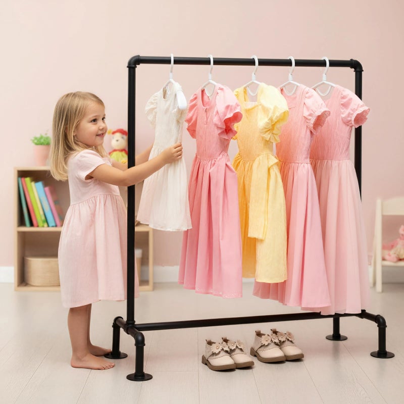 DOFURNILIM Kids Pipes Dress up Clothing Rack, Kids Clothes Rack, Child Garment Rack, Hanging Clothes Rod Storage Shelf Organizers Shelves Shelving, Black Metal - Image 1